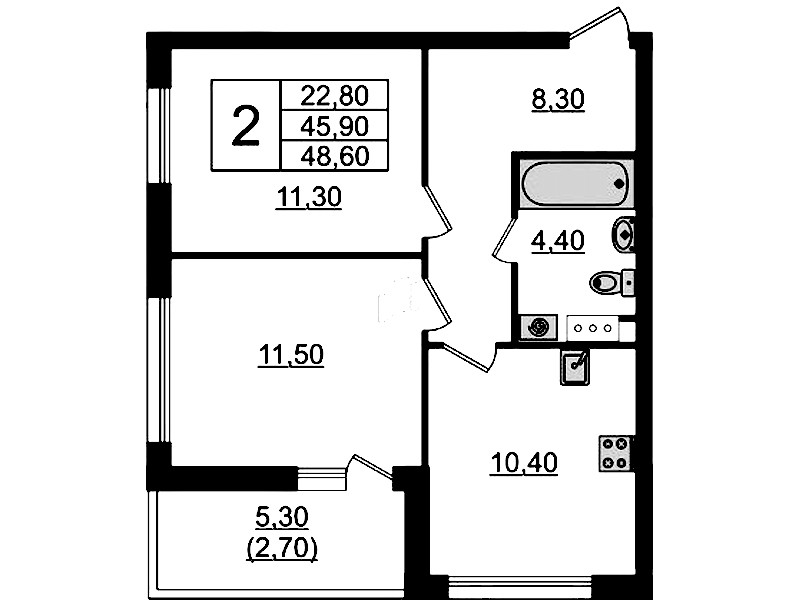 2-комнатная квартира 48.6 м², 6/9 эт., ЖК «А101 Лаголово»